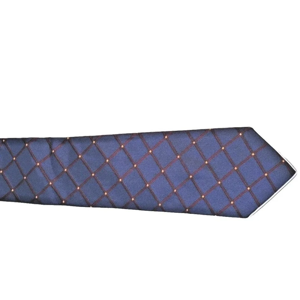 Perry Ellis Portfolio Mens Blue Silk Windowpane Tie Burgundy Gold Italian Fabric